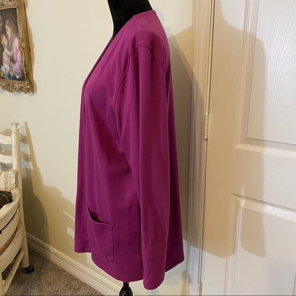 Land’s End Sweater Woman Large Cardigan Long Line Button Down Fuchsia Pockets - Picture 9 of 9